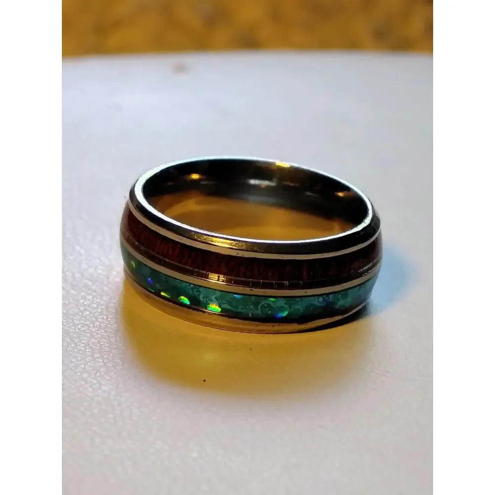 Blue Opal Koa Wood Inlay Comfort Band Ring Size 7
